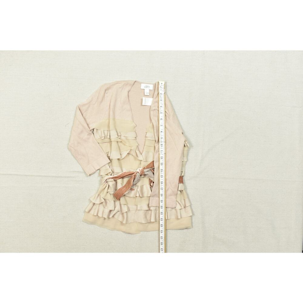 Ann Taylor LOFT Ruffle Trim Wrap Cardigan Sweater NWT Tan Pink Size S Cotton Ble - Picture 3 of 8